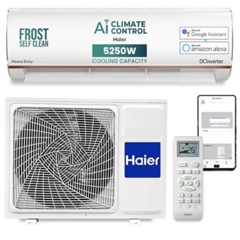 Haier 1.5 Ton 4 Star AI Climate Control Smart Split AC (5250 Watts, Copper, Wi-Fi, 4-Way Swing, Triple Inverter, 7 in 1, Frost Self Clean, HD Filter, Cools at 60°C - HSU18K-PYAIR4BN-INV, White)