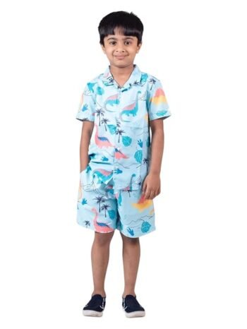 K K P Fashion Baby Boys Dinosaur Print Co-Ord Set Summer Shirt and Shorts Outfit for Kids Prehistoric Theme Clothing Soft Cotton Matching Set for Boys_706-Blue