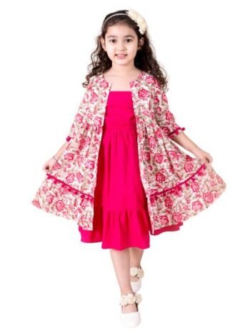 Pspeaches Girls Magenta Floral A-Line Cotton Below The Knee Dress with Attached Shrug