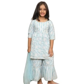 CarLow Closet Girls' Cool Blue Cotton Kurta Sharara Set - Comfortable & Stylish Ethnic Wear