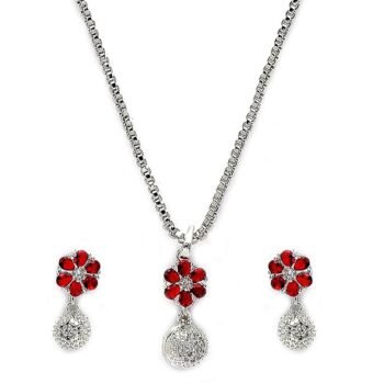 ZENEME Rhodium-Plated Silver Toned Green Cubic Zirconia studded Floral Shaped Cute Pendant with Earrings Jewellery Set for Girls and Women (Green)