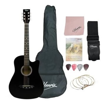 Henrix 38C 38 Inch Cutaway Basswood Acoustic Guitar With Dual Action Truss Rod, Gigbag, Picks, String Set, String Winder, Strap, Polishing Cloth & Ebook - Black