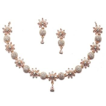 ZENEME Rhodium Plated Silver Toned White American Diamond Studded Necklace With Earring Jewellery Set For Women and Girl