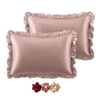 GO WELL Ruffle Satin Pillowcase for Hair and Skin, Standard Size Satin Pillow Covers Silky Pillow Cases Set of 2, Satin Ruffled Pillowcase with Envelope Closure,Silk Pillow case(Rose Taupe) 1000TC
