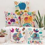 STITCHNEST Unique Cute Elephant Cartoon Blue Printed Canvas Cotton Cushion Covers, Set of 5 (16 x 16 Inches)
