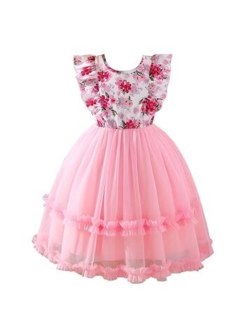 Niren Enterprise Buggu Net Flared Ruffle Sleeveless Baby Girl Frock with Floral Pattern and Round Neck A-Line Style Dress for Baby Girl