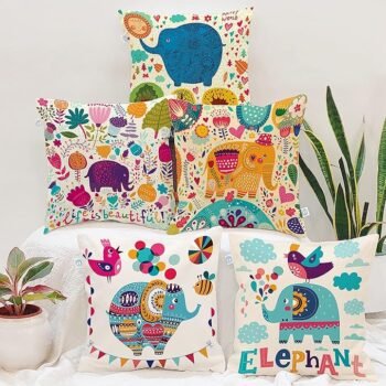 STITCHNEST Unique Cute Elephant Cartoon Blue Printed Canvas Cotton Cushion Covers, Set of 5 (16 x 16 Inches)