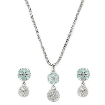 ZENEME Rhodium-Plated Silver Toned Green Cubic Zirconia studded Floral Shaped Cute Pendant with Earrings Jewellery Set for Girls and Women (Green)