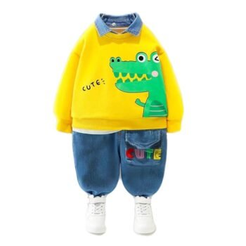 Bold N Elegant Baby Boys Denim Printed Cute Animal Cartoon Print Funky Full Sleeve Collar T-Shirt and Pant Party Clothing Set