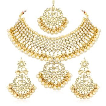 Sukkhi Trendy Kundan Gold Plated Pearl Choker Necklace Set with Dangler Earrings & Maangtikka for Women & Girls (N73544)