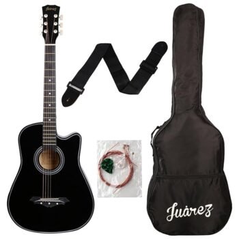 JUAREZ Linden Wood Acoustic Guitar, 38 inches Cutaway, 038C with Bag, Strings, Pick and Strap, Black