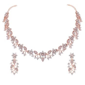 Womens Rose Gold-Plated Artificial Stone Studded Necklace Jewellery Set With 1 Pair Of Earring(AB_BJ Special-RG-White)