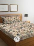 THE HOME STYLE Cotton Elastic Fitted All Around Printed King Size Double Bed Bedsheet wih 2 Pillow Cover (72"x78", Beige Flora) 400TC