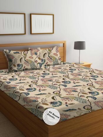 THE HOME STYLE Cotton Elastic Fitted All Around Printed King Size Double Bed Bedsheet wih 2 Pillow Cover (72"x78", Beige Flora) 400TC