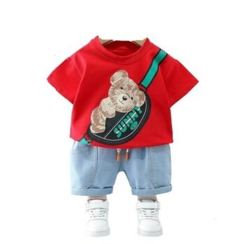 Googo Gaaga Boy's Cotton Printed T-shirt with Denim Shorts Set in Red Color